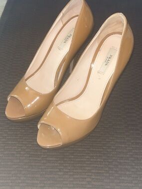 Prada Beige Patent Leather Peep-Toe Heels